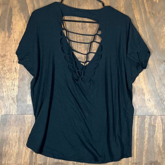 Express Womens Shirt Black Open Criss Cross Back Short Sleeve Stretch Medium - Picture 10 of 12